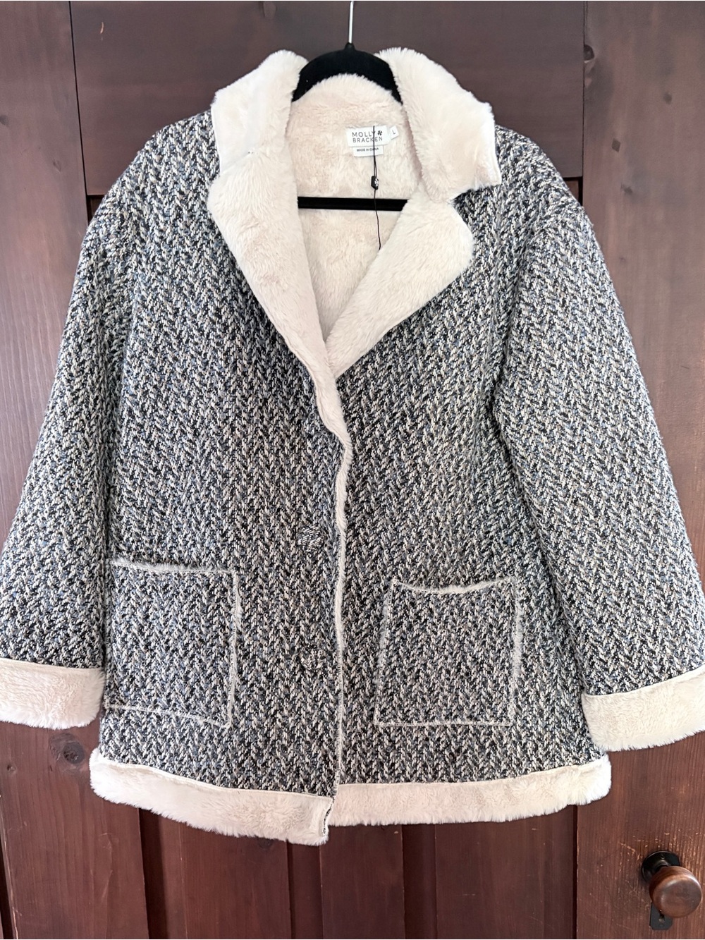 Molly Bracken Women’s L Tweed Faux Fur Jacket Coat Blue Gray Cream NWOT